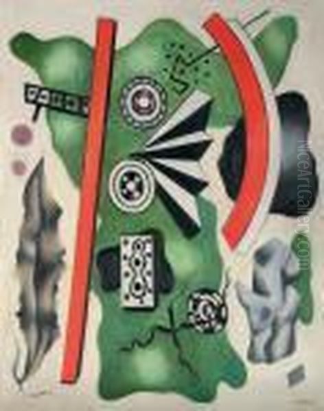 Composition Sur Fond Vert (composition A La Feuille) Oil Painting by Fernand Leger