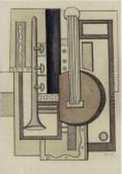 Composition Aux Mandoline Et A La Trompette Oil Painting by Fernand Leger