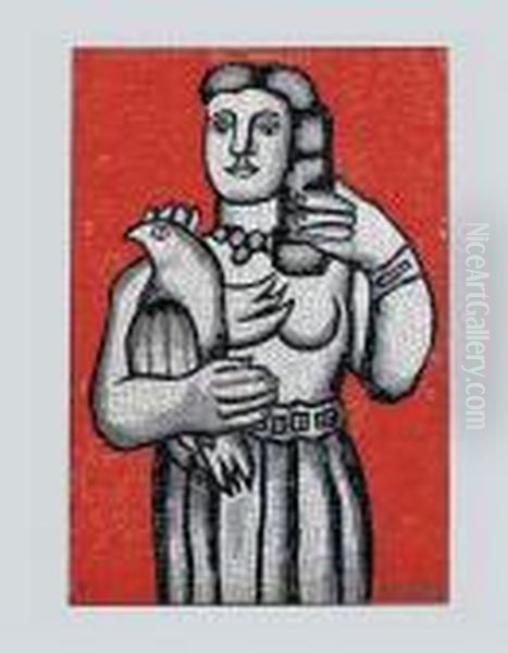 Femme A L'oiseau Sur Fond Rouge Oil Painting by Fernand Leger