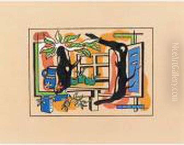 Nature Morte Aux Pommes Et Pichet Devant La Fenetre Oil Painting by Fernand Leger