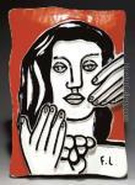 Visage Aux Deux Mains Sur Fond Orange Oil Painting by Fernand Leger