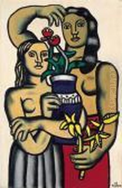Deux Femmes Tenant Un Pot De Fleurs Oil Painting by Fernand Leger