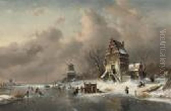 Numerous Skaters Near A Koek-en-zopie On A Frozen Waterway By Amansion Oil Painting by Charles Henri Leickert