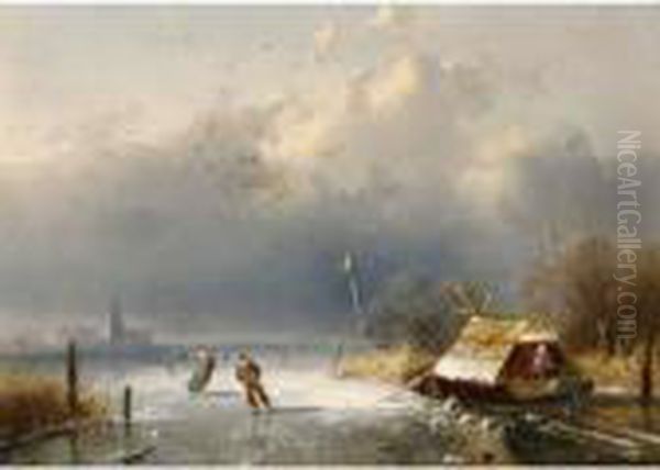 Winter Landscape With Figures On The Ice Oil Painting by Charles Henri Leickert