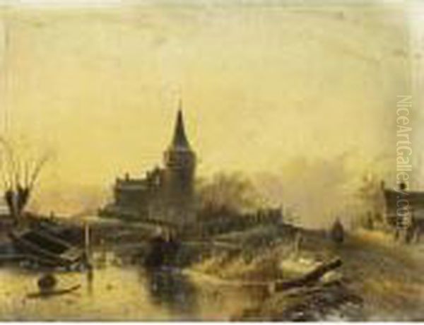 A Winter Landscape With Figures On The Ice Oil Painting by Charles Henri Leickert