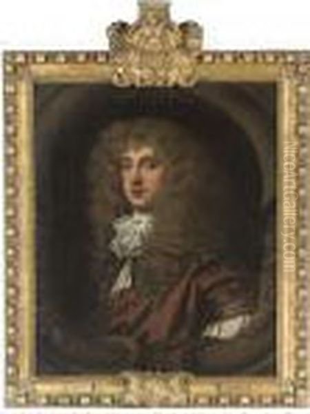 Portrait Of A Gentleman, 
Traditionally Identified As Christophermonck, 2nd Duke Of Albemarle 
(1652-1688), Bust-length, In A Brownrobe And Lace Cravat, In A Sculpted 
Cartouche Oil Painting by Sir Peter Lely