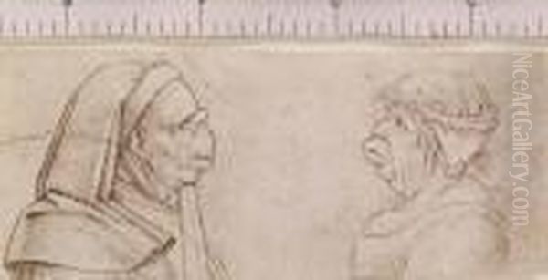 Caricatures Of An Old Man In 
Academic Dress, In Profile To Theright, And An Old Woman Wearing A Cap, 
In Profile To The Left Oil Painting by Leonardo Da Vinci