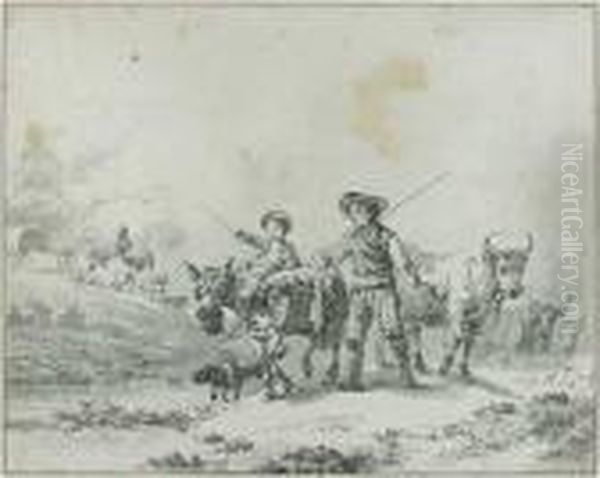 Berger Avec Sa Famille Et Son Troupeau Oil Painting by Jean-Baptiste Le Prince
