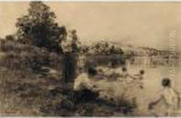 Baignade A Mont-saint-pere Oil Painting by Leon Augustin Lhermitte