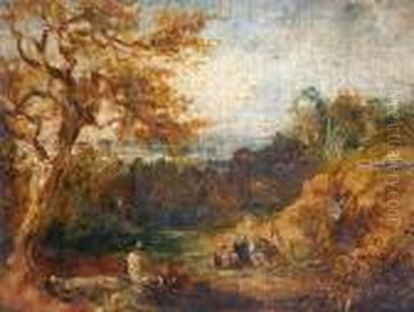 Travellers Encampment In Woodland Oil Painting by John Linnell