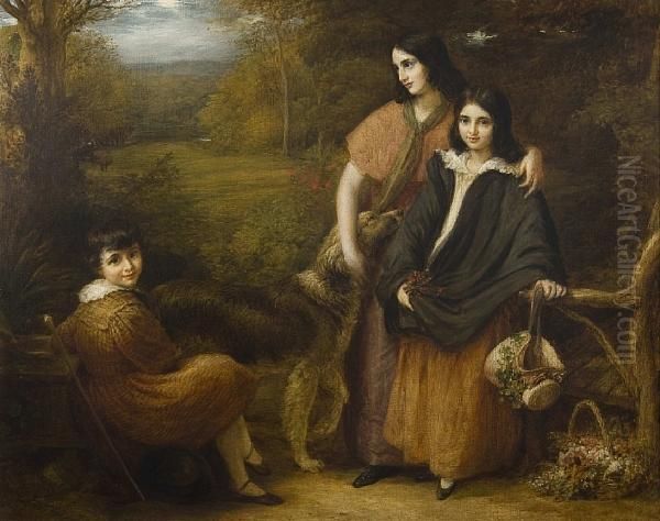 Portrait Of Three Elder Children Of Robertclutterbuck Oil Painting by John Linnell