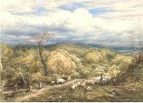 An Autumn Afternoon With Shepherd And Flock Oil Painting by John Linnell