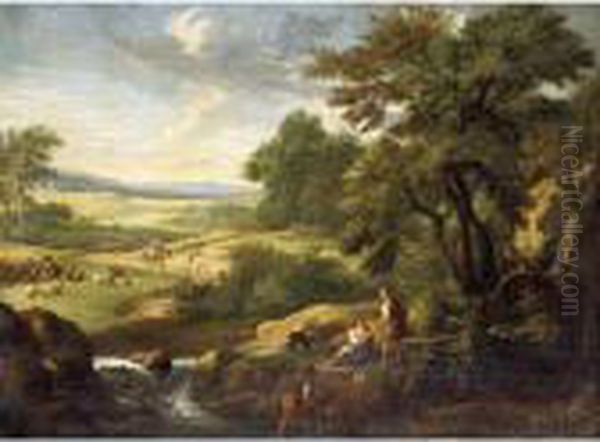 A Southern Landscape With 
Fishermen At The Edge Of A Brook, A Shepherd And Travellers Beyond Oil Painting by Andrea Locatelli