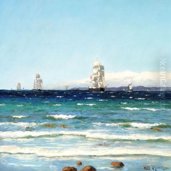 A View From The Fishing Village Of Hornbaek Towards The Swedish Coast Oil Painting by Carl Locher