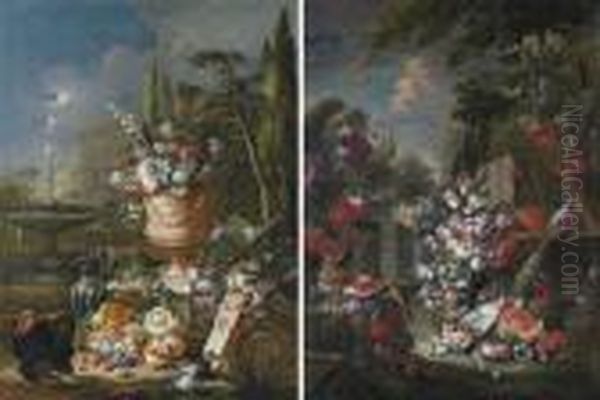 Tulips, Roses, 
Lily-of-the-valley And Other Flowers In An Urn, With Fruit In A 
Porcelain Bowl, A Silver Ewer And A Turkey, A Fountain And House Beyond;
 And Tulips, Roses, Lily-of-the-valley And Other Flowers In An Urn, With
 Fruit By A Porcelain Bo Oil Painting by Gasparo Lopez