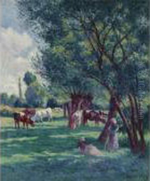 Bessy Sur Cure, Paysannes Gardant Un Troupeau De Vaches Oil Painting by Maximilien Luce