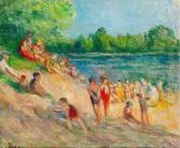 Mericourt, La Plage Oil Painting by Maximilien Luce