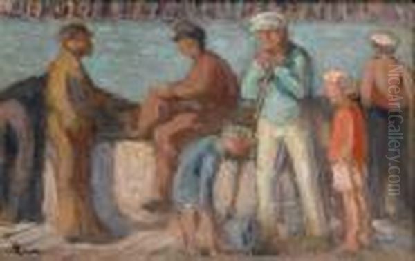 Le Treport, Matelots Sur Le Quai Oil Painting by Maximilien Luce