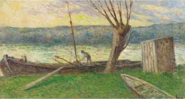 Rolleboise, Peniche A L'amarre Oil Painting by Maximilien Luce