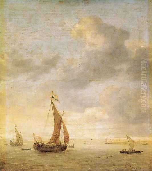 Single-Masted Damlooper and Rowboat on a Breezy Day Oil Painting by Jan Porcellis