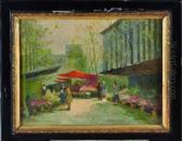 le Marche Aux Fleurs Place De La Madeleine, A Paris Oil Painting by Alessandro Lupo