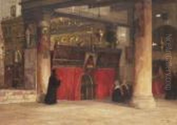 Betlehem - Glaubige Am Eingang Zur
 Geburtsgrotte. Oil Painting by Georg Macco