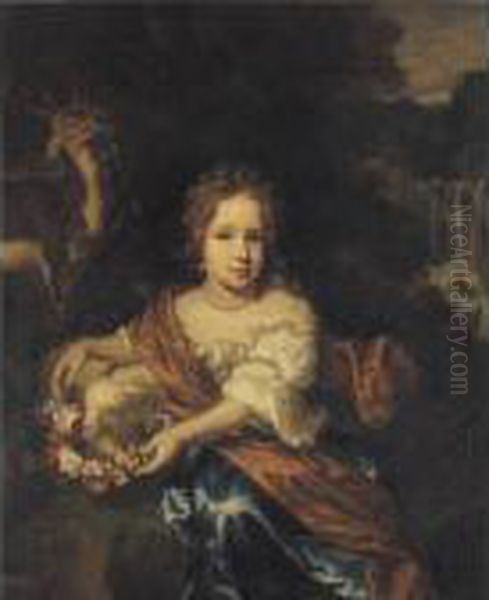 Young Girl Holding A Garland Of Flowers Oil Painting by Nicolaes Maes