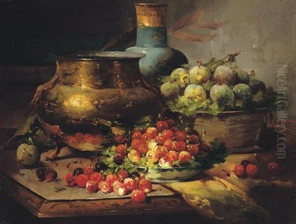 Still Life With Cherries And Plums Oil Painting by Konstantin Egorovich Egorovich Makovsky