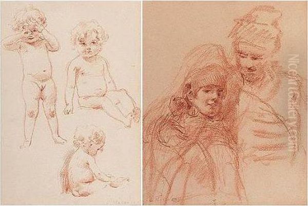 A Pair Of Sanguine Studies 
Depicting A Boyarina And Companion And Three Images Of A Naked Baby Girl Oil Painting by Konstantin Egorovich Egorovich Makovsky
