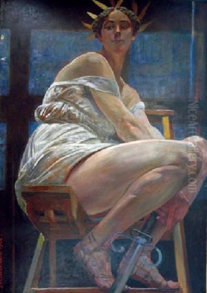 Kobieta Siedzaca Na Drabinie Malarskiej Oil Painting by Jacek Malczewski