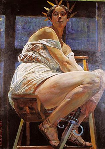 Kobieta Siedzaca Na Drabinie Malarskiej Oil Painting by Jacek Malczewski