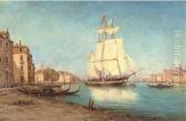 A Three-master In A Venetian Canal Oil Painting by Charles Malfroy