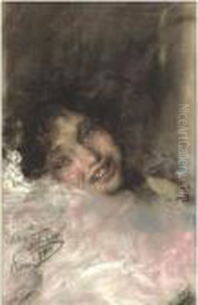 A Young Girl Laughing Oil Painting by Antonio Mancini