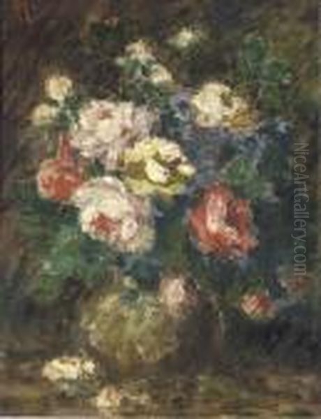 Roses In A Vase Oil Painting by Antonio Mancini