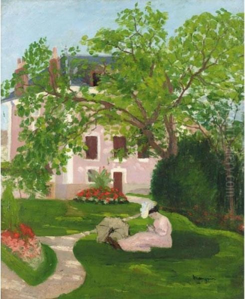 Jeanne A L'ombrelle, Assise Dans Le Jardin De Coulombs Oil Painting by Henri Charles Manguin