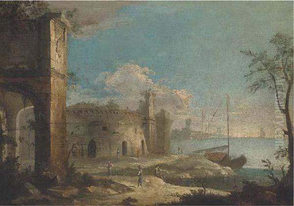 A Capriccio Coastal Landscape With Ruins And Figures Oil Painting by Michele Marieschi