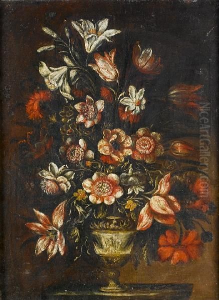 Narcissi, Lilies, Tulips And Other Flowers In A Classical Urn On A Plinth Oil Painting by Mario Nuzzi Mario Dei Fiori