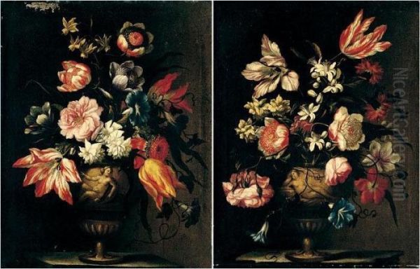 Still Lifes Of Various Flowers 
In Terracotta Vases With Female Figures In Relief, Upon Stone Plinths Oil Painting by Mario Nuzzi Mario Dei Fiori