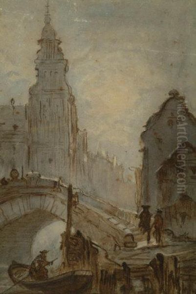 City Waterway With Figure Manoeuvring A River Boat Towards Two Figures On A Jetty Oil Painting by Paul Marny