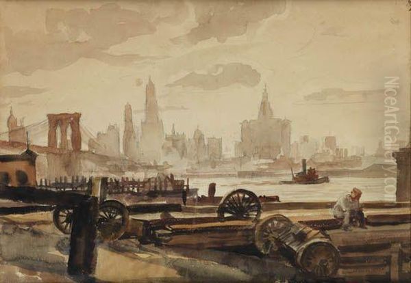 Manhattan Skyline With Brooklyn Bridge Oil Painting by Reginald Marsh