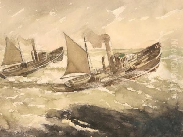 Tugboats In A Stormy Sea Oil Painting by Reginald Marsh
