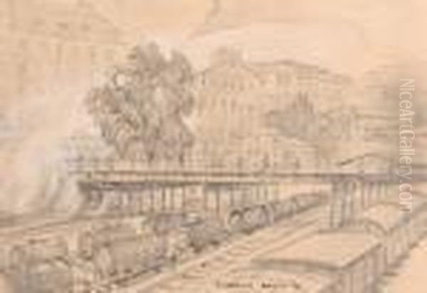 Railroad Yard Oil Painting by Reginald Marsh