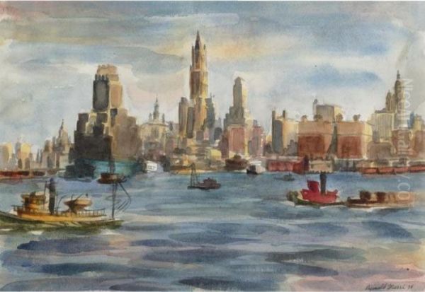 A View Of The Woolworth Building From The East River Oil Painting by Reginald Marsh