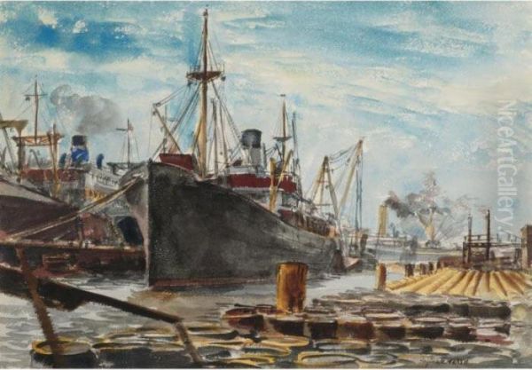 A Harbor View With Freighter And Oil Drums Oil Painting by Reginald Marsh