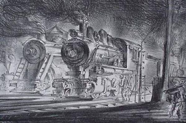 Marsh- ''switch Engines Oil Painting by Reginald Marsh