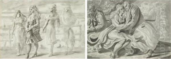 Women On The Bordwalk And Couple On A Bench: A Double-sideddrawing Oil Painting by Reginald Marsh