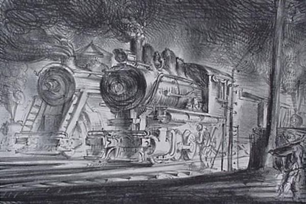 Switch Engines, Erie Yards Oil Painting by Reginald Marsh