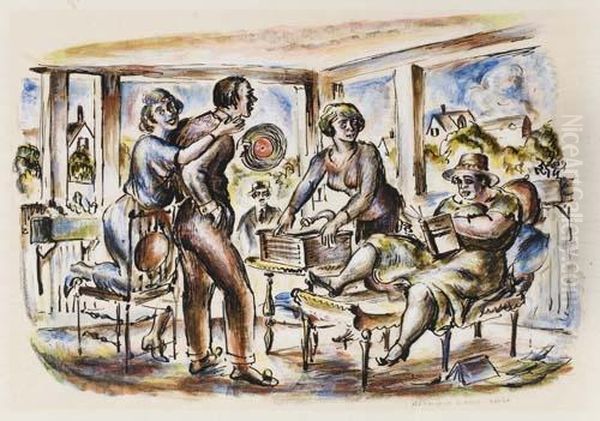 Record Playing Oil Painting by Reginald Marsh