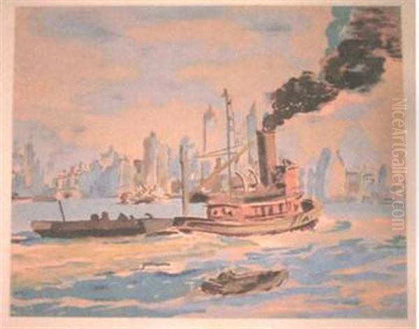 Tugboat In New York Harbor Oil Painting by Reginald Marsh