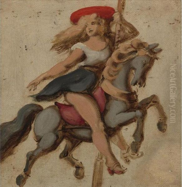Girl On A Carousel Horse Oil Painting by Reginald Marsh